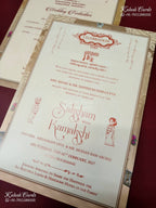 KLB-1352 White Golden Bride Groom Semi Box Wedding Card (2 Page & Couple Name Wooden Plate)-Kalash Cards