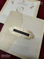 KLB-1353 White Creme Floral Embossed Semi Box Wedding Card (2 Page & Couple Name Wooden Plate)-Kalash Cards