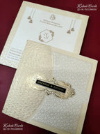 KLB-1353 White Creme Floral Embossed Semi Box Wedding Card (2 Page & Couple Name Wooden Plate)-Kalash Cards