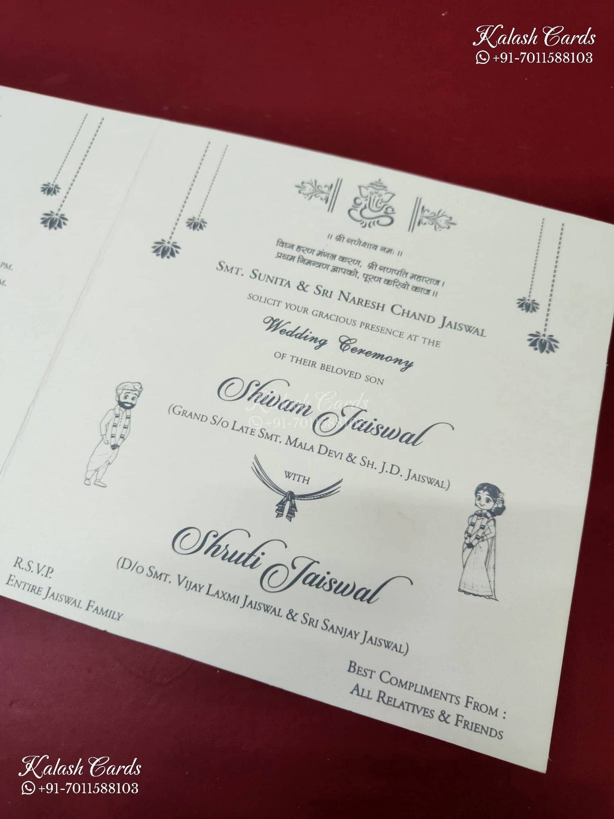 KLB-1353 White Creme Floral Embossed Semi Box Wedding Card (2 Page & Couple Name Wooden Plate)-Kalash Cards