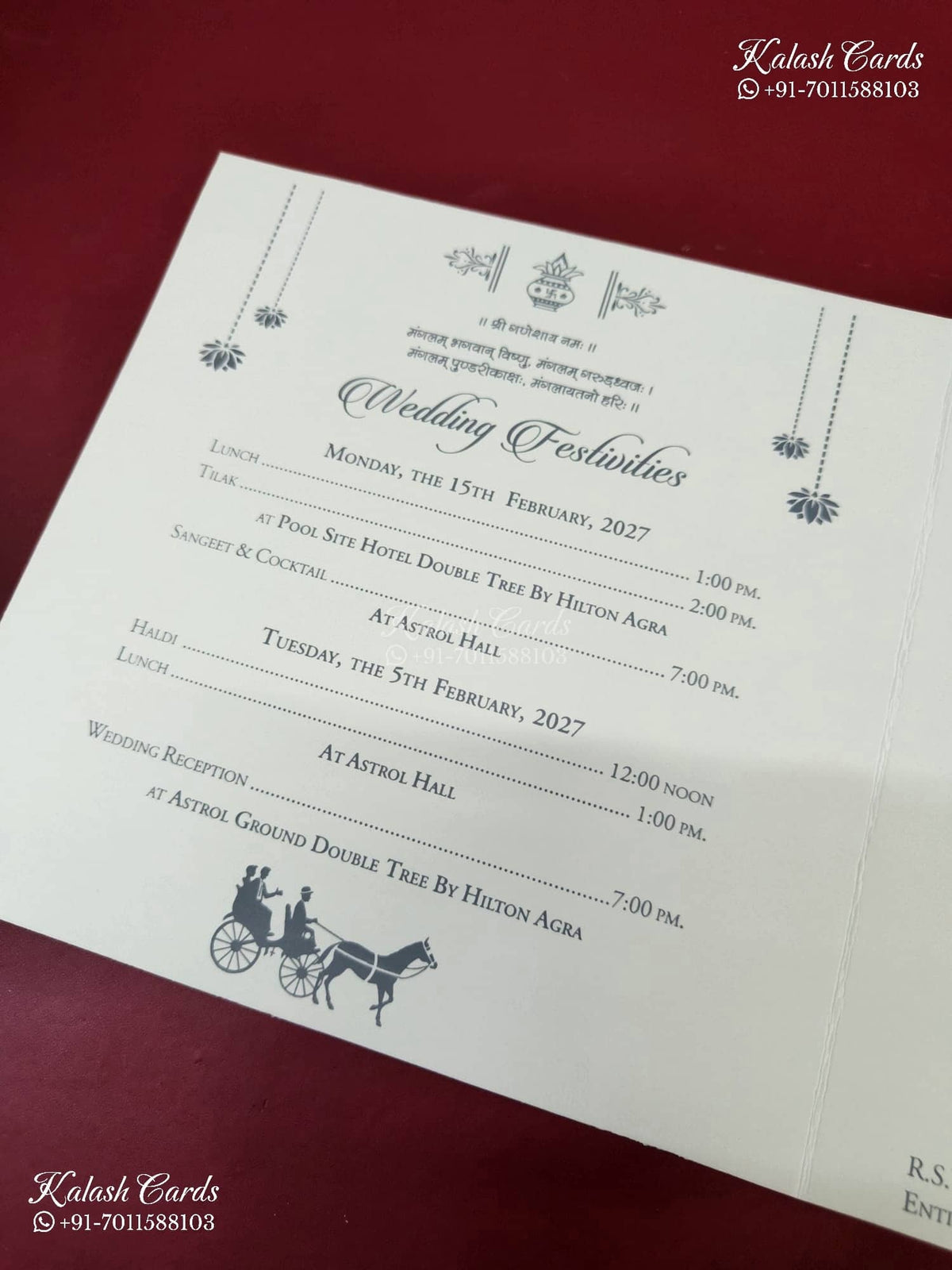 KLB-1353 White Creme Floral Embossed Semi Box Wedding Card (2 Page & Couple Name Wooden Plate)-Kalash Cards