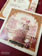 KLB-1355 White Red Bride Groom Laser Cut Semi Box Wedding Card (2 Page & Couple Name Wooden Plate)-Kalash Cards
