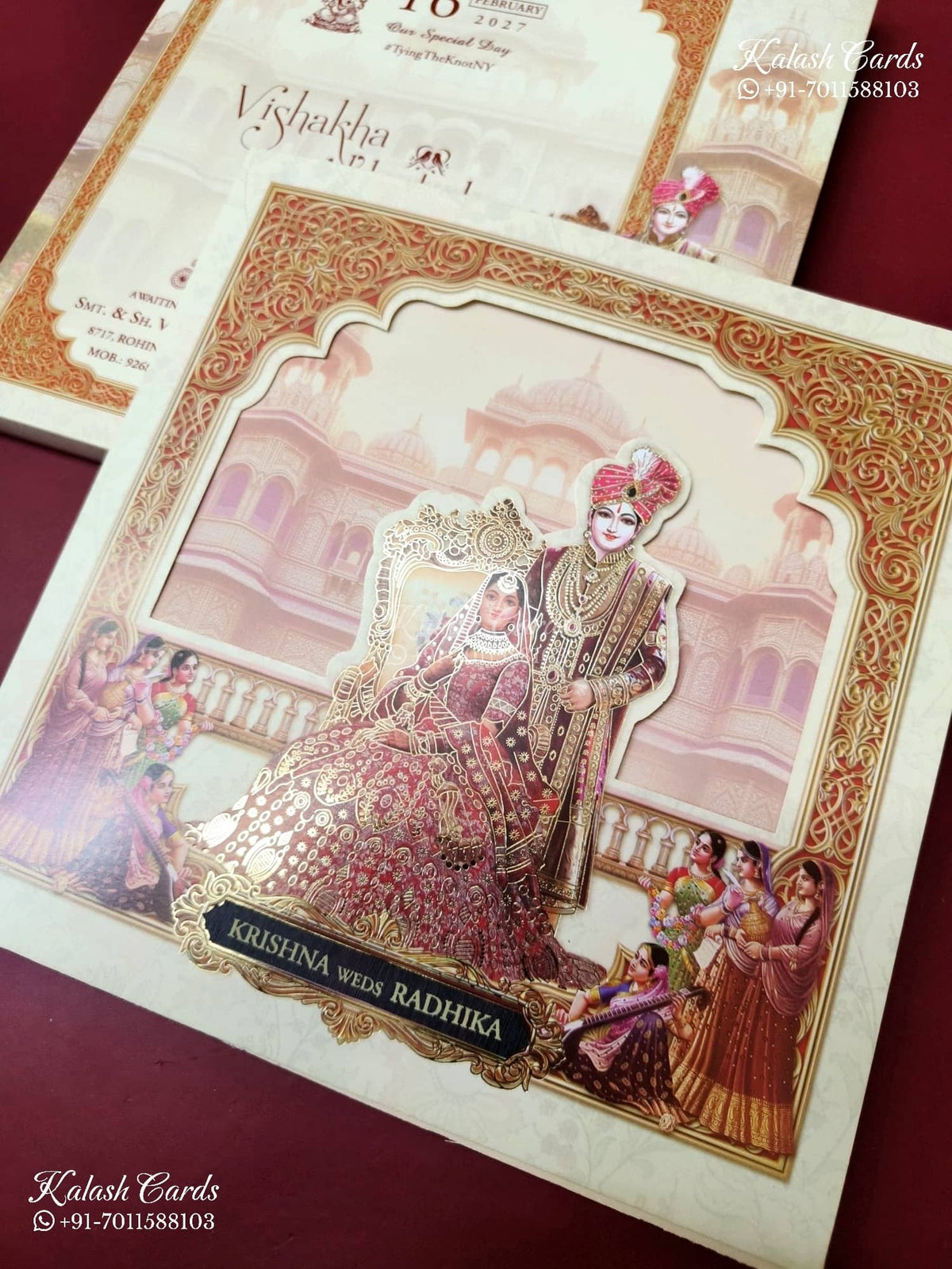 KLB-1355 White Red Bride Groom Laser Cut Semi Box Wedding Card (2 Page & Couple Name Wooden Plate)-Kalash Cards