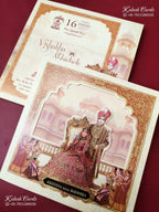 KLB-1355 White Red Bride Groom Laser Cut Semi Box Wedding Card (2 Page & Couple Name Wooden Plate)-Kalash Cards