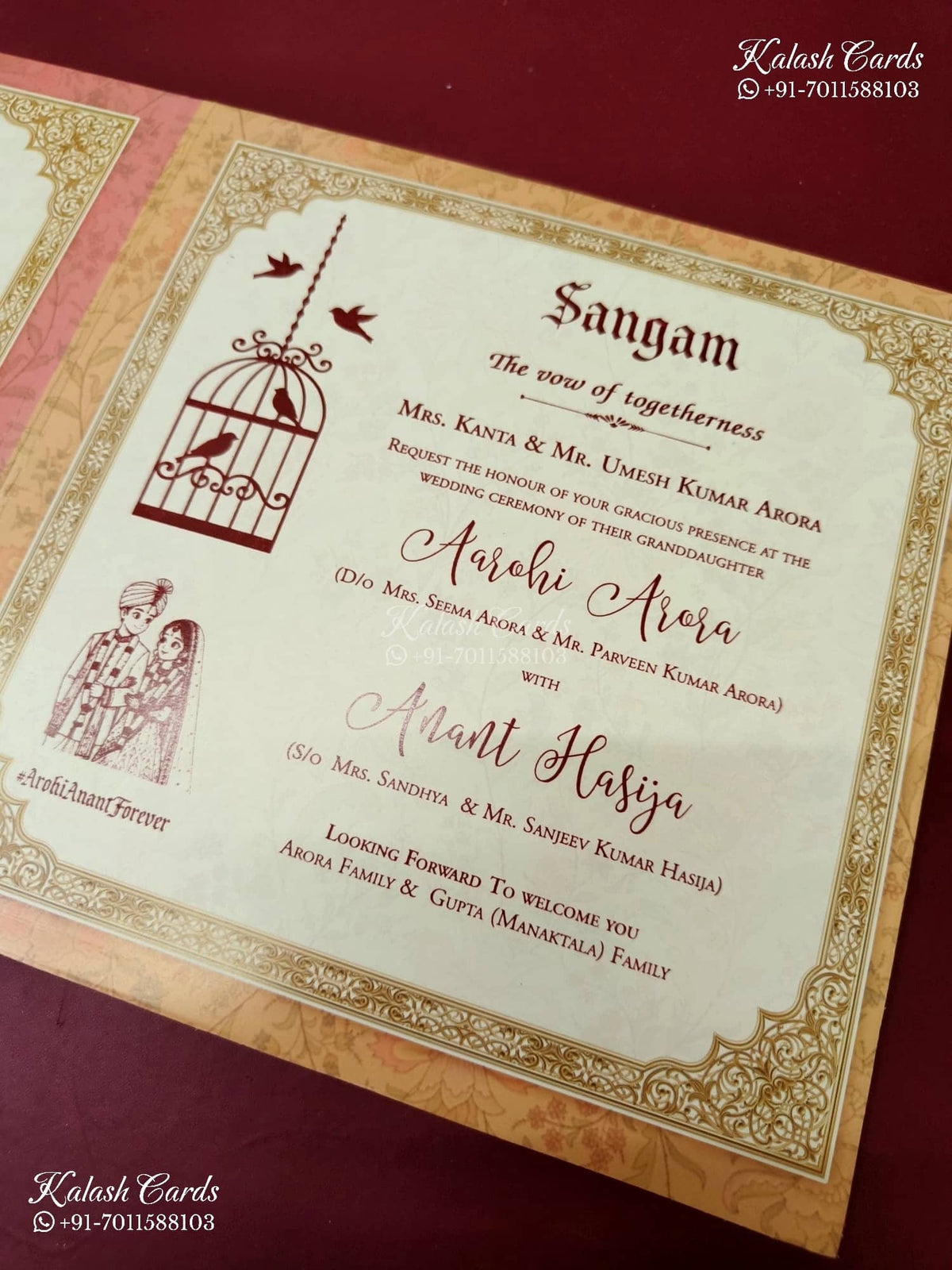 KLB-1355 White Red Bride Groom Laser Cut Semi Box Wedding Card (2 Page & Couple Name Wooden Plate)-Kalash Cards