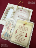 KLB-1356 Creme Bride Groom Laser Cut Carry Bag Style Semi Box Wedding Card (2 Page & Transparent PVC)-Kalash Cards