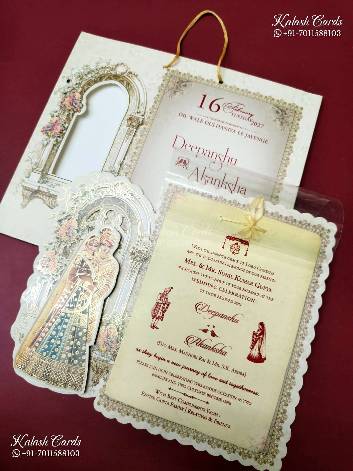 KLB-1356 Creme Bride Groom Laser Cut Carry Bag Style Semi Box Wedding Card (2 Page & Transparent PVC)-Kalash Cards