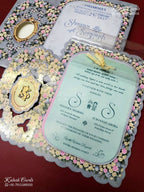 KLB-1357 Blue Grey Floral Laser Cut Carry Bag Style Semi Box Wedding Card (2 Page & Transparent PVC)-Kalash Cards