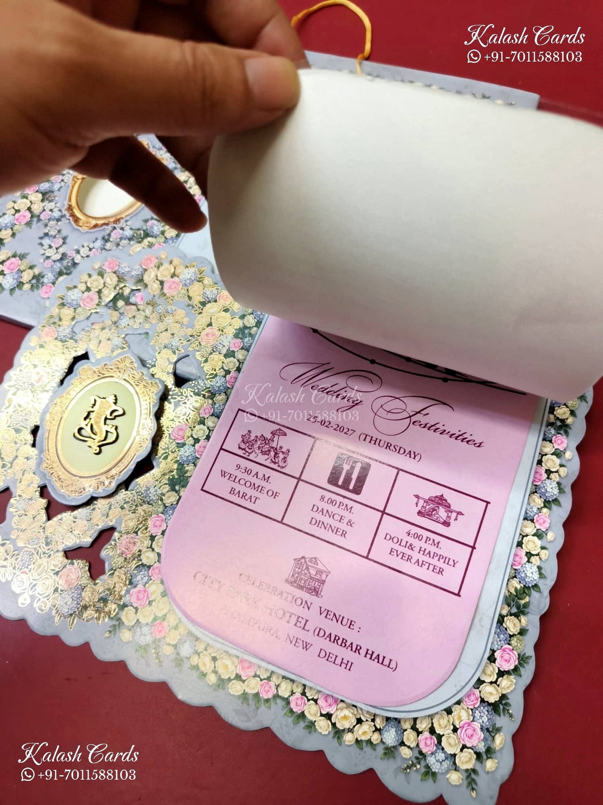 KLB-1357 Blue Grey Floral Laser Cut Carry Bag Style Semi Box Wedding Card (2 Page & Transparent PVC)-Kalash Cards
