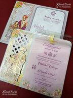 KLB-1358 Blue Bride Groom Laser Cut Carry Bag Style Semi Box Wedding Card (2 Page & Transparent PVC)-Kalash Cards