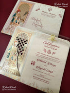 KLB-1359 Creme Bride Groom Laser Cut Semi Box Wedding Card (2 Page & Transparent PVC)-Kalash Cards