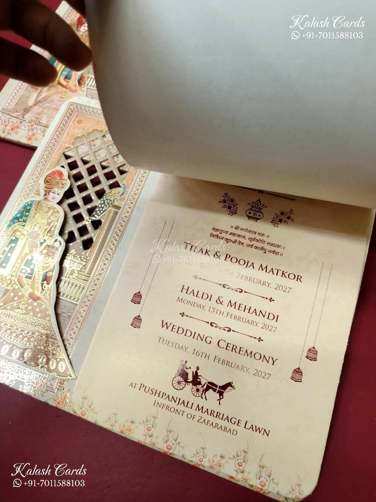 KLB-1359 Creme Bride Groom Laser Cut Semi Box Wedding Card (2 Page & Transparent PVC)-Kalash Cards