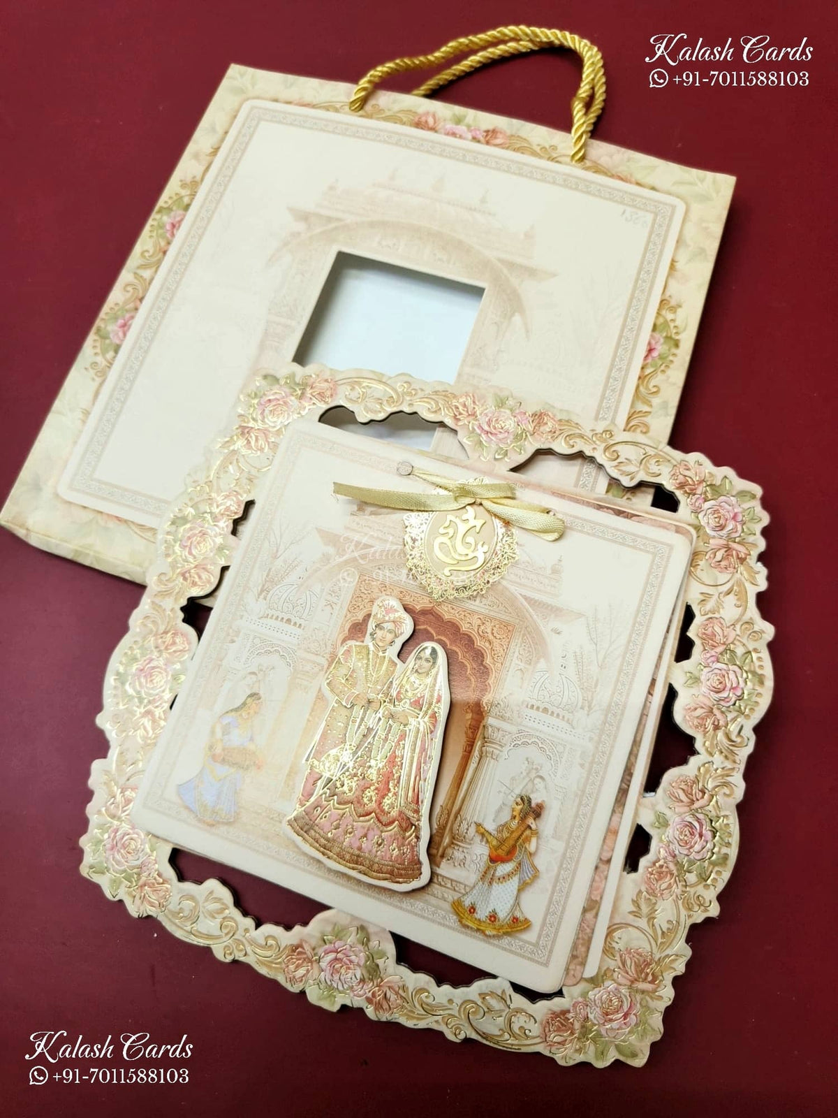 KLB-1360 Creme Bride Groom Laser Cut Carry Bag Style MDF Thick Wedding Card (2 Page)-Kalash Cards