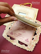KLB-1360 Creme Bride Groom Laser Cut Carry Bag Style MDF Thick Wedding Card (2 Page)-Kalash Cards