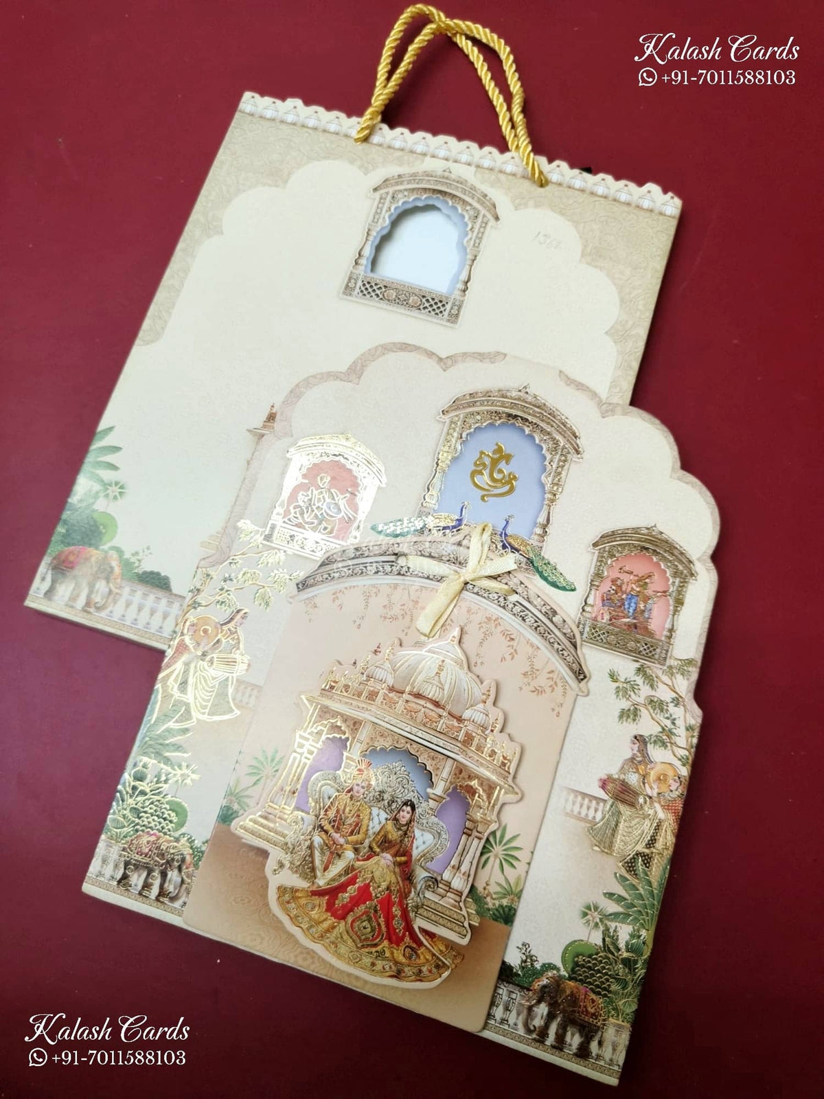 KLB-1362 Creme Bride Groom Royal Fort Laser Cut Carry Bag Style MDF Thick Wedding Card (2 Page)-Kalash Cards