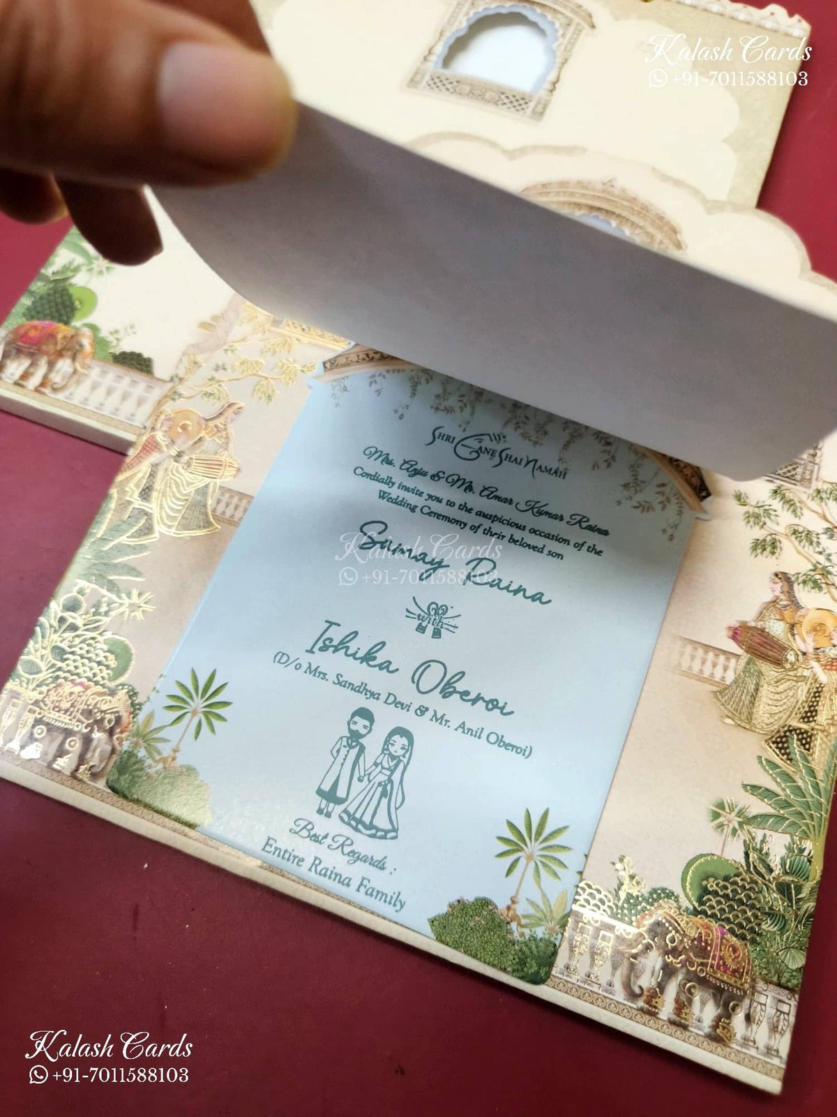 KLB-1362 Creme Bride Groom Royal Fort Laser Cut Carry Bag Style MDF Thick Wedding Card (2 Page)-Kalash Cards