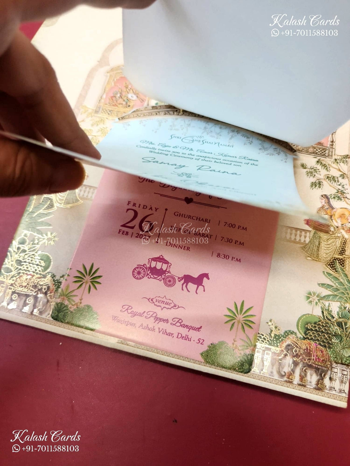 KLB-1362 Creme Bride Groom Royal Fort Laser Cut Carry Bag Style MDF Thick Wedding Card (2 Page)-Kalash Cards