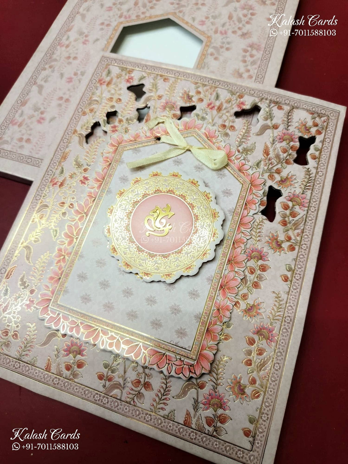 KLB-1363 Creme Pink Floral Laser Cut Carry Bag Style MDF Thick Wedding Card (2 Page)