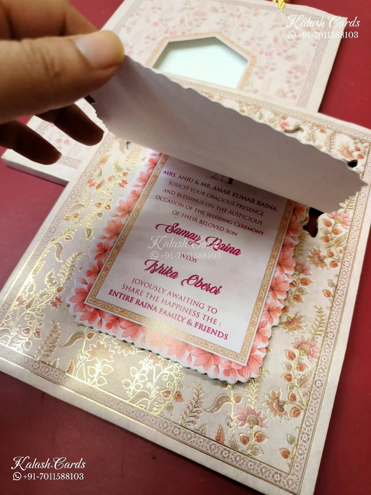 KLB-1363 Creme Pink Floral Laser Cut Carry Bag Style MDF Thick Wedding Card (2 Page)