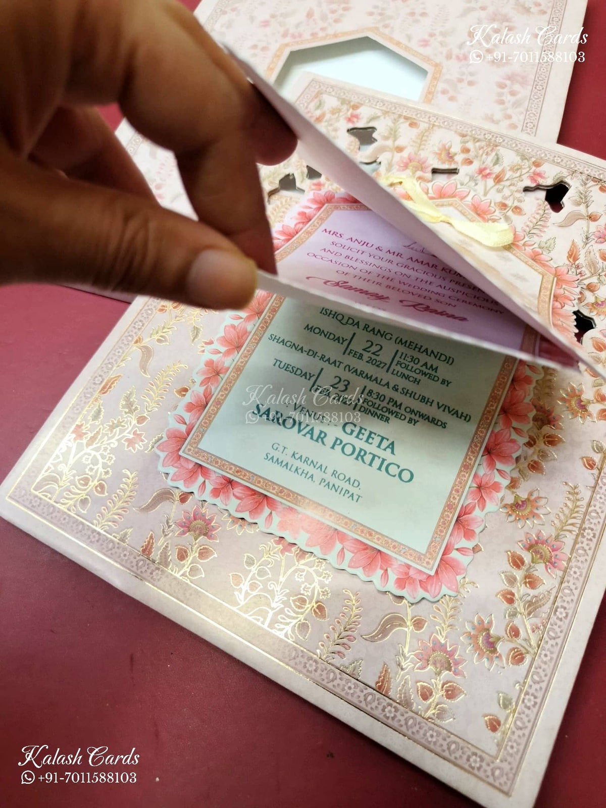 KLB-1363 Creme Pink Floral Laser Cut Carry Bag Style MDF Thick Wedding Card (2 Page)