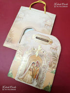 KLB-1364 Creme Bride Groom Laser Cut Carry Bag Style MDF Thick Wedding Card (2 Page & Couple Name Wooden Plate)-Kalash Cards