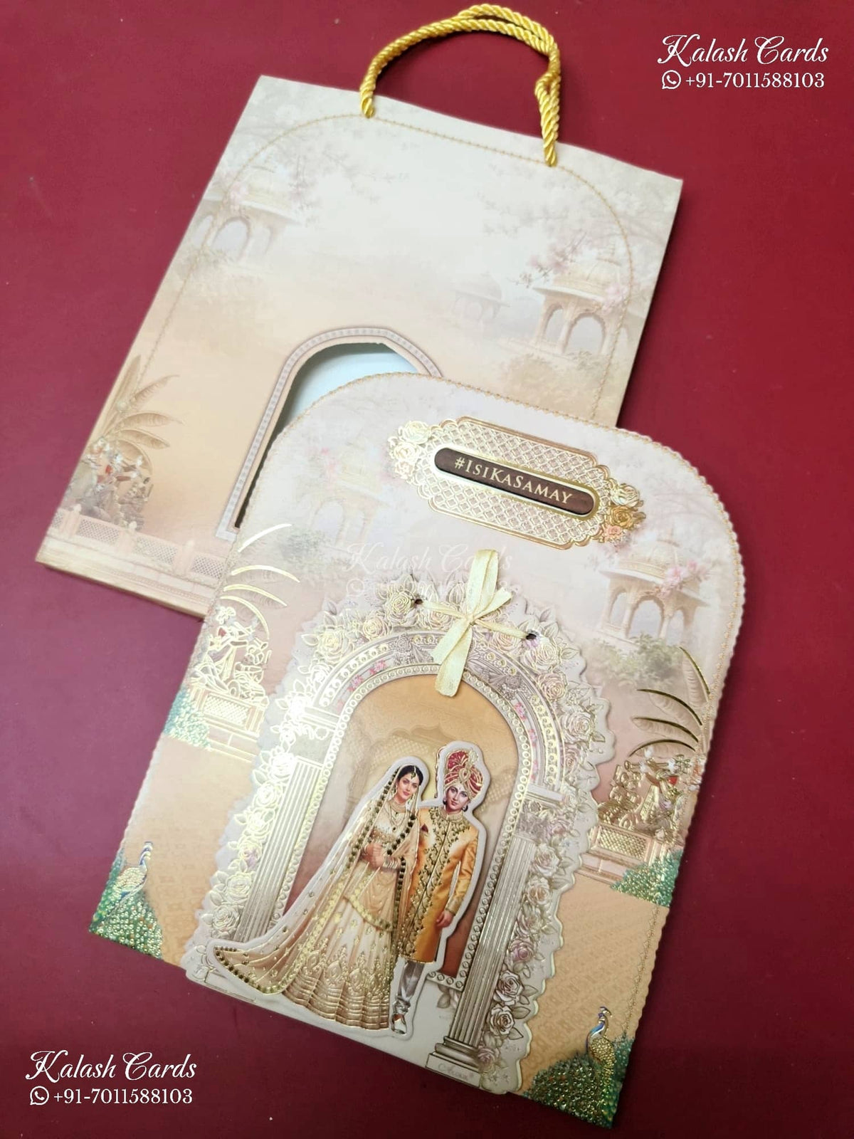 KLB-1364 Creme Bride Groom Laser Cut Carry Bag Style MDF Thick Wedding Card (2 Page & Couple Name Wooden Plate)-Kalash Cards