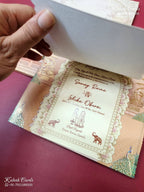 KLB-1364 Creme Bride Groom Laser Cut Carry Bag Style MDF Thick Wedding Card (2 Page & Couple Name Wooden Plate)-Kalash Cards