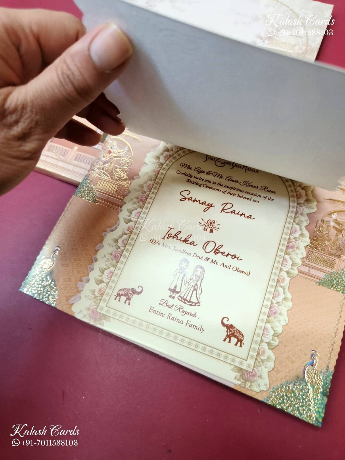 KLB-1364 Creme Bride Groom Laser Cut Carry Bag Style MDF Thick Wedding Card (2 Page & Couple Name Wooden Plate)-Kalash Cards