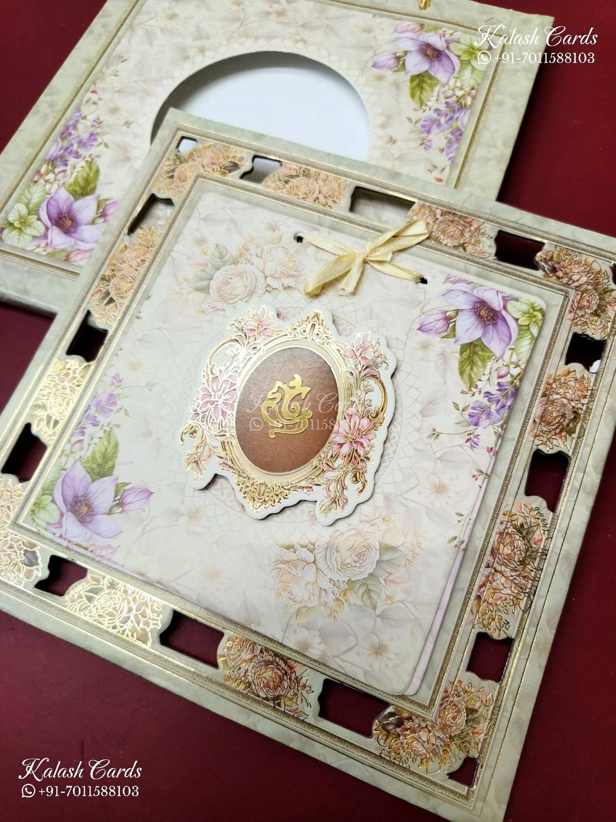 KLB-1365 Creme Floral Laser Cut Carry Bag Style MDF Thick Wedding Card (2 Page)