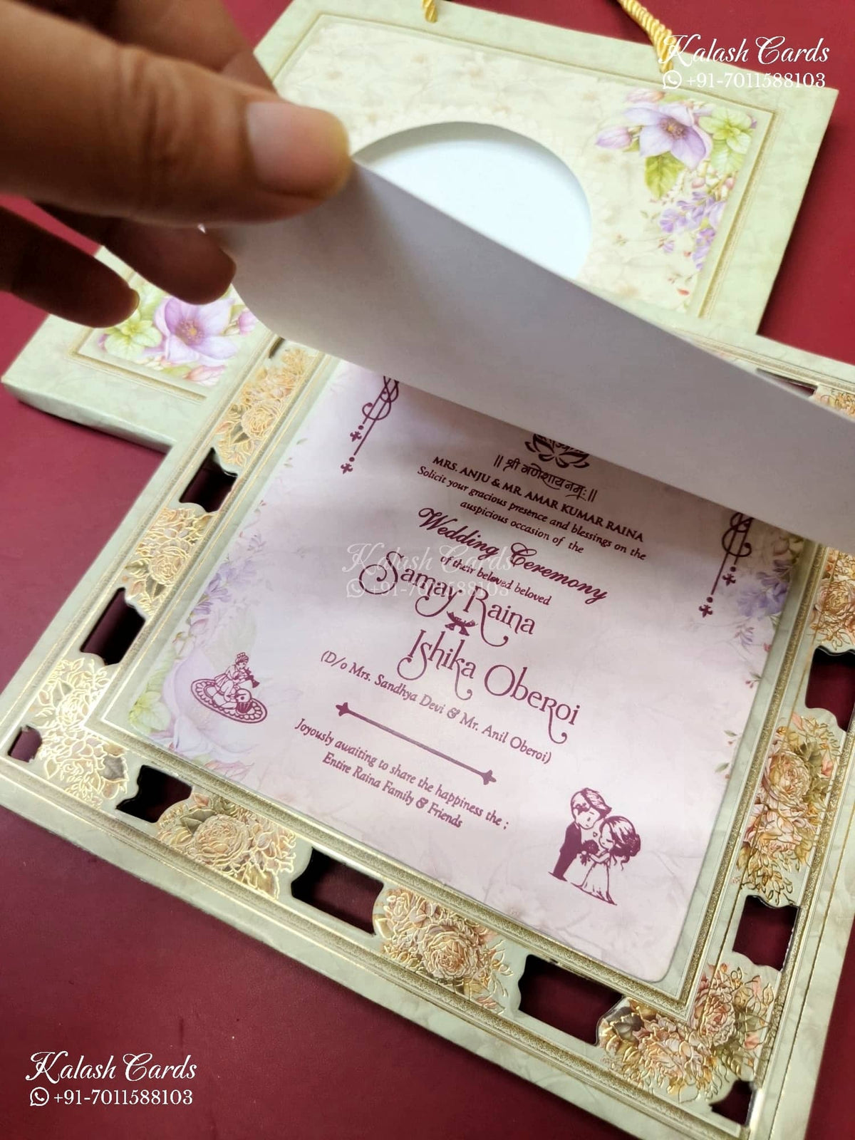 KLB-1365 Creme Floral Laser Cut Carry Bag Style MDF Thick Wedding Card (2 Page)