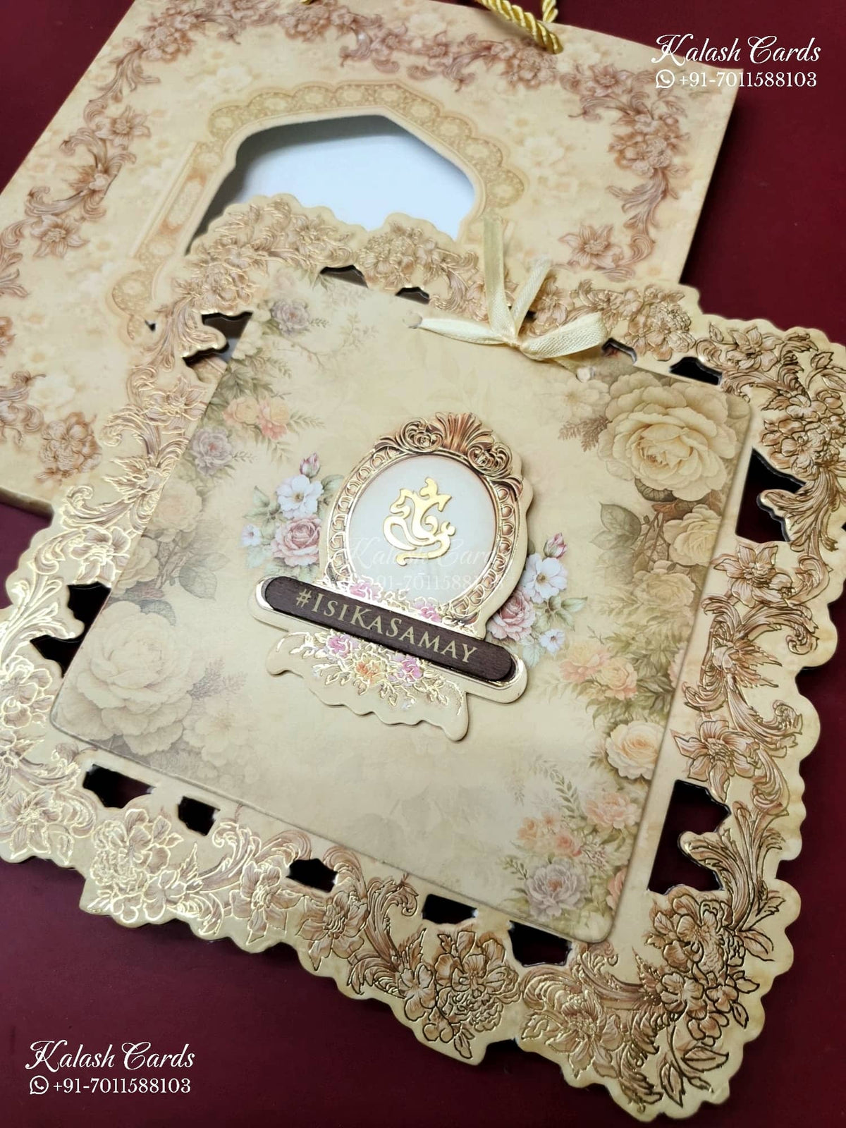 KLB-1366 Creme Floral Laser Cut Carry Bag Style MDF Thick Wedding Card (2 Page & Couple Name Wooden Plate)