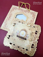 KLB-1366 Creme Floral Laser Cut Carry Bag Style MDF Thick Wedding Card (2 Page & Couple Name Wooden Plate)