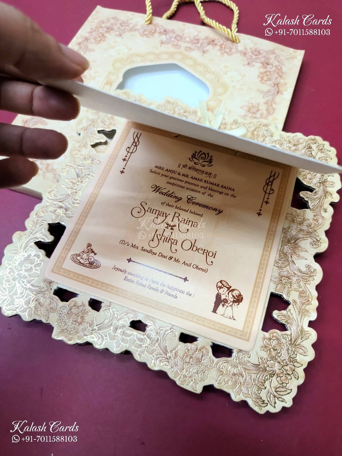 KLB-1366 Creme Floral Laser Cut Carry Bag Style MDF Thick Wedding Card (2 Page & Couple Name Wooden Plate)
