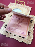 KLB-1366 Creme Floral Laser Cut Carry Bag Style MDF Thick Wedding Card (2 Page & Couple Name Wooden Plate)