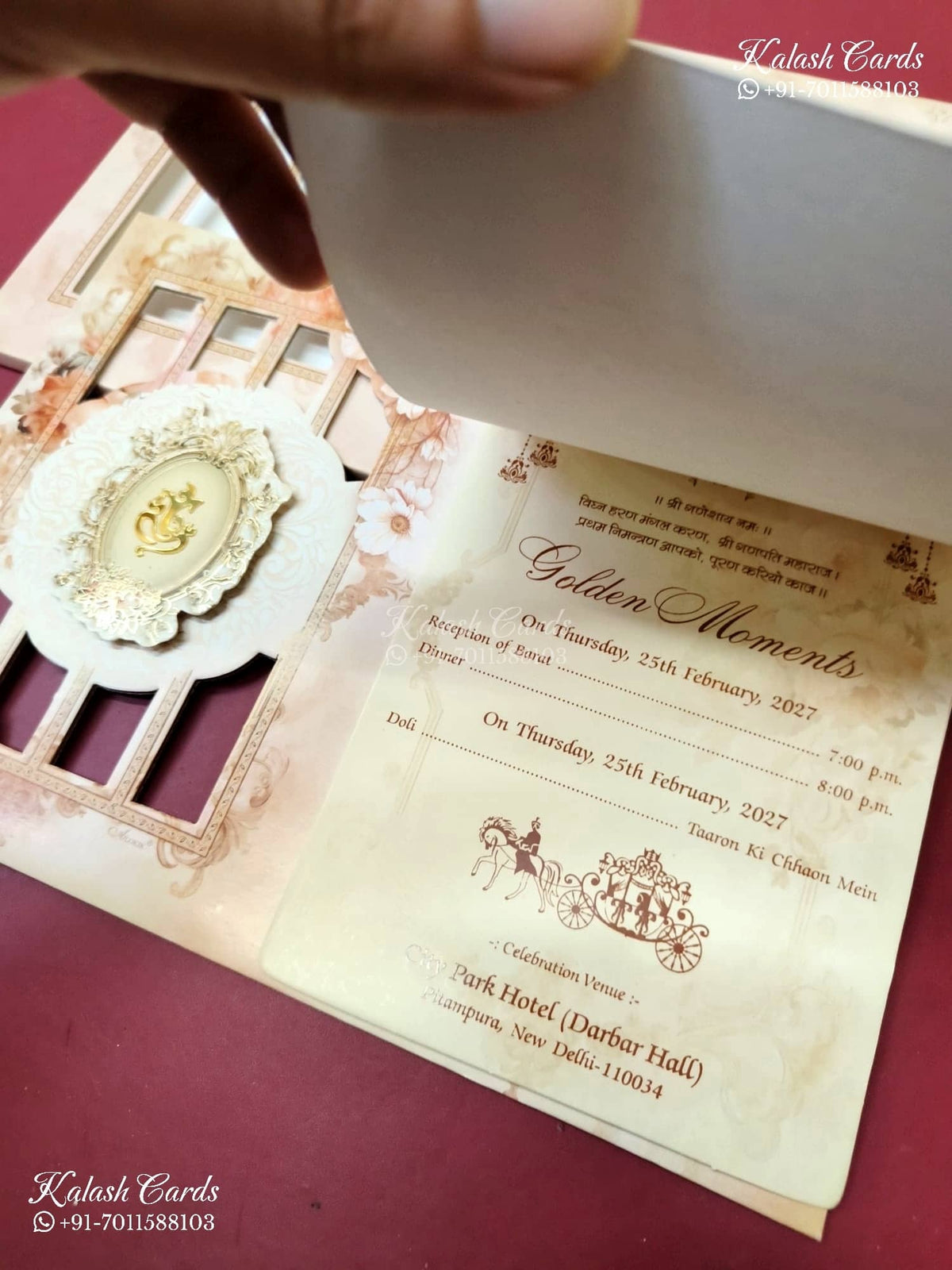 KLB-1367 Creme Peach Floral Laser Cut MDF Thick Wedding Card (2 Page)