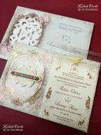 KLB-1368 Green Floral Laser Cut MDF Thick Wedding Card (2 Page & Couple Name Wooden Plate)