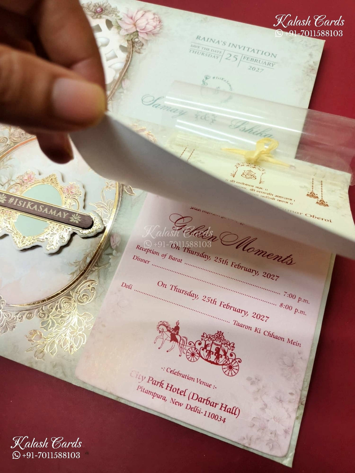 KLB-1368 Green Floral Laser Cut MDF Thick Wedding Card (2 Page & Couple Name Wooden Plate)