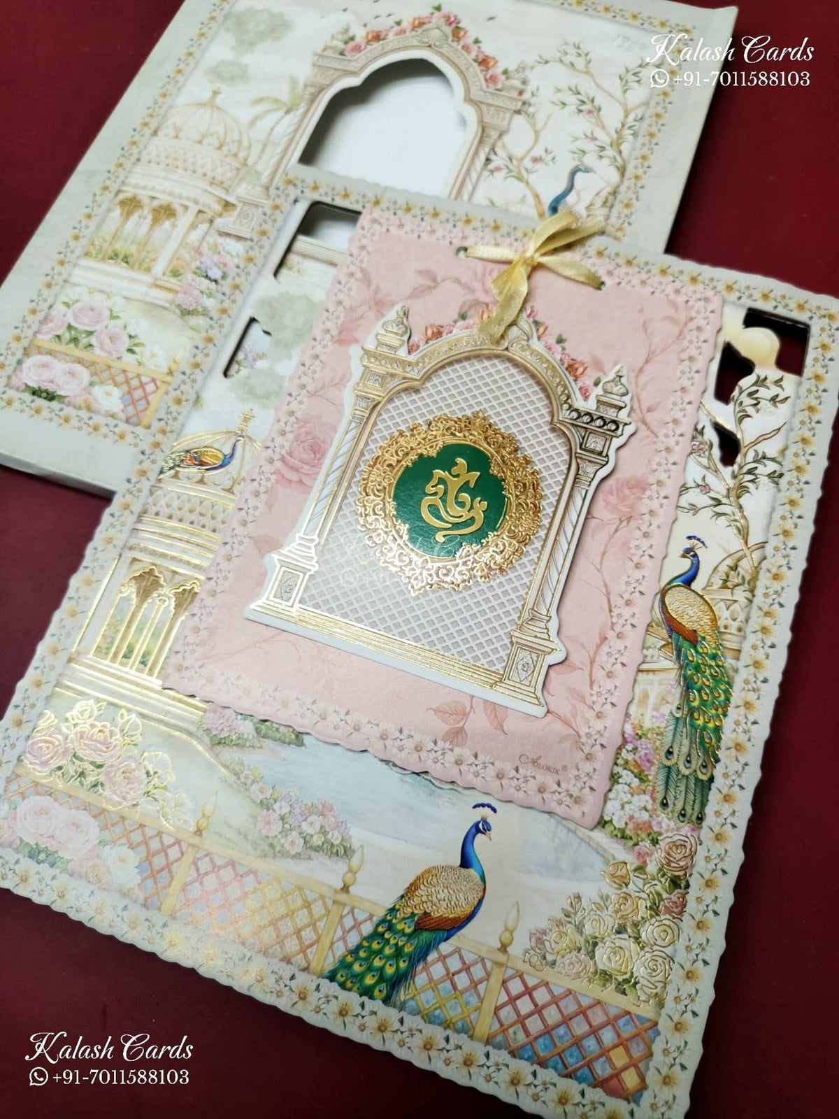 KLB-1369 Blue Pink Royal Arch Peacock Laser Cut Carry Bag Style MDF Thick Wedding Card (2 Page)