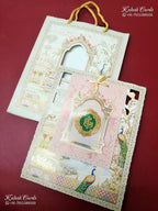 KLB-1369 Blue Pink Royal Arch Peacock Laser Cut Carry Bag Style MDF Thick Wedding Card (2 Page)-Kalash Cards