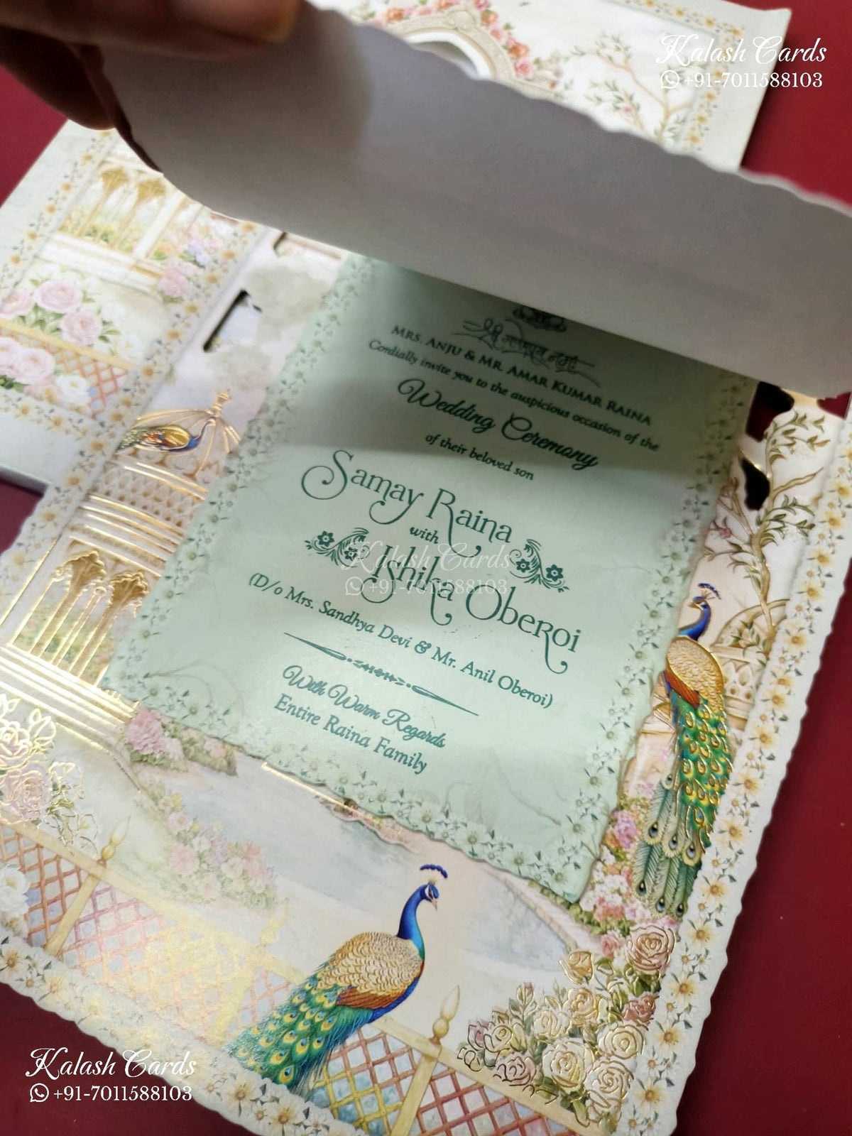 KLB-1369 Blue Pink Royal Arch Peacock Laser Cut Carry Bag Style MDF Thick Wedding Card (2 Page)