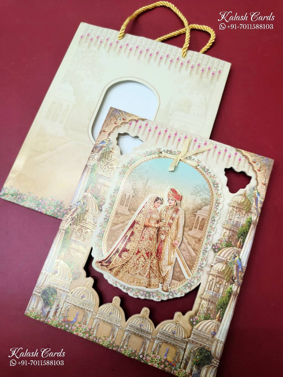 KLB-1370 Creme Bride Groom Laser Cut Carry Bag Style MDF Thick Wedding Card (2 Page)-Kalash Cards