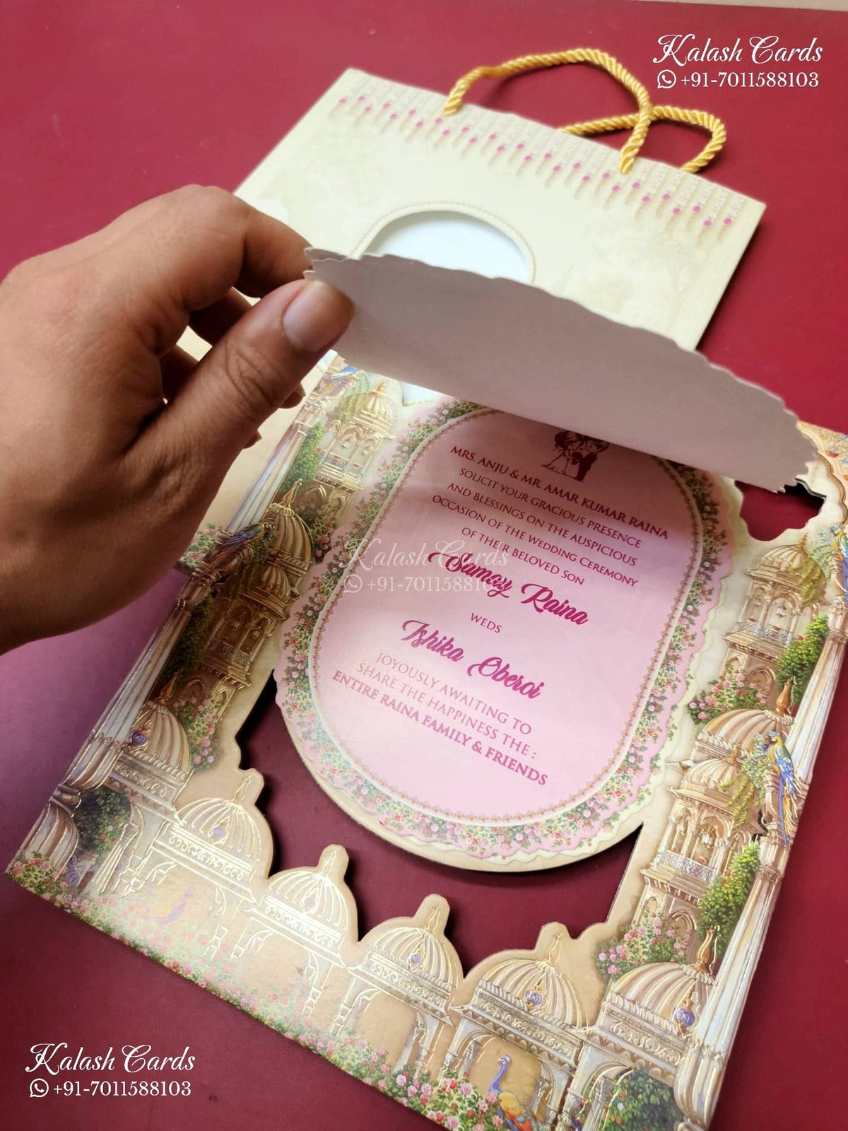 KLB-1370 Creme Bride Groom Laser Cut Carry Bag Style MDF Thick Wedding Card (2 Page)-Kalash Cards