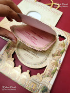 KLB-1370 Creme Bride Groom Laser Cut Carry Bag Style MDF Thick Wedding Card (2 Page)-Kalash Cards