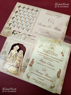 KLB-1371 Brown Bride Groom Laser Cut Carry Bag Style MDF Thick Wedding Card (2 Page)-Kalash Cards