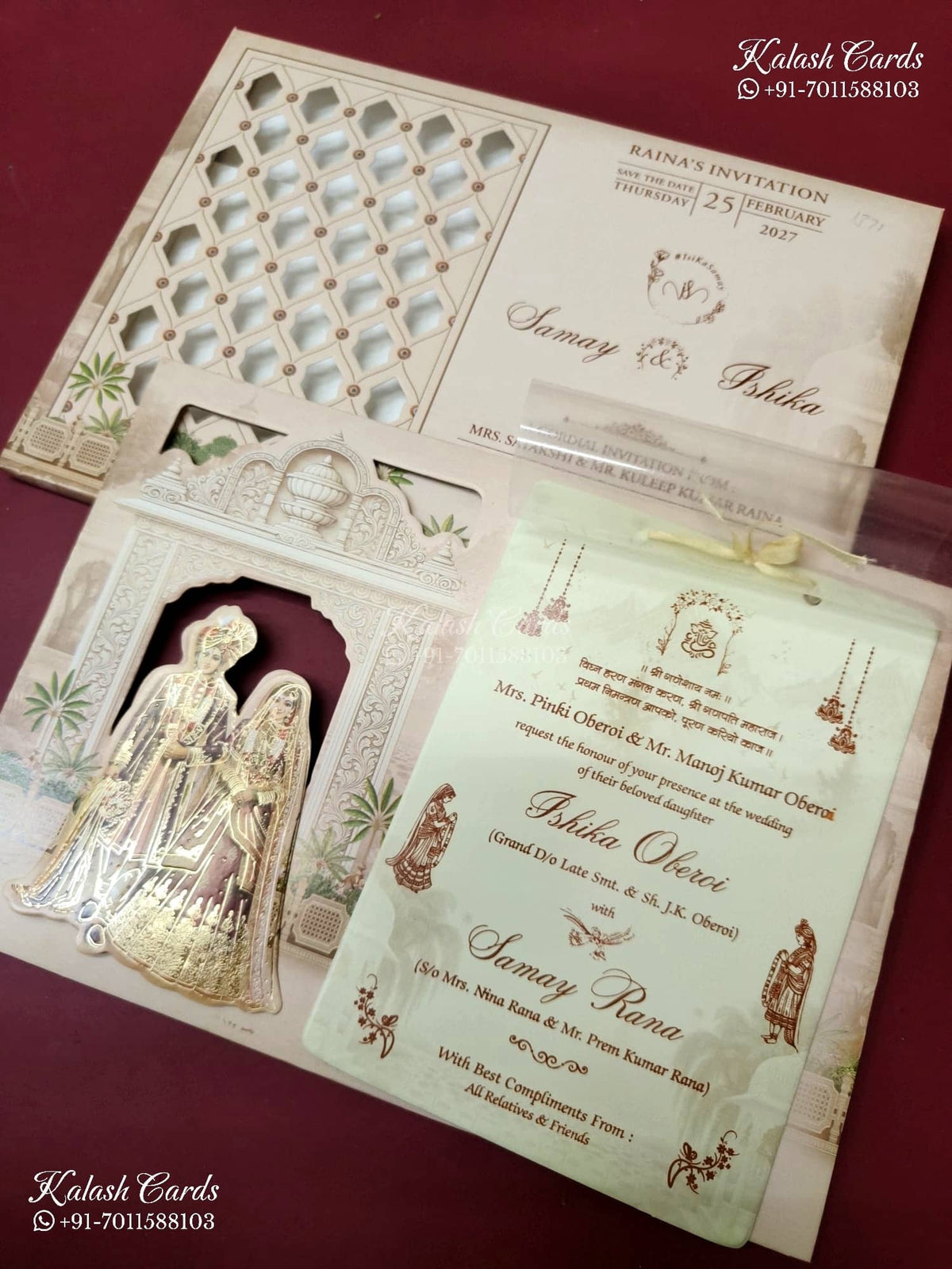 KLB-1371 Brown Bride Groom Laser Cut Carry Bag Style MDF Thick Wedding Card (2 Page)-Kalash Cards