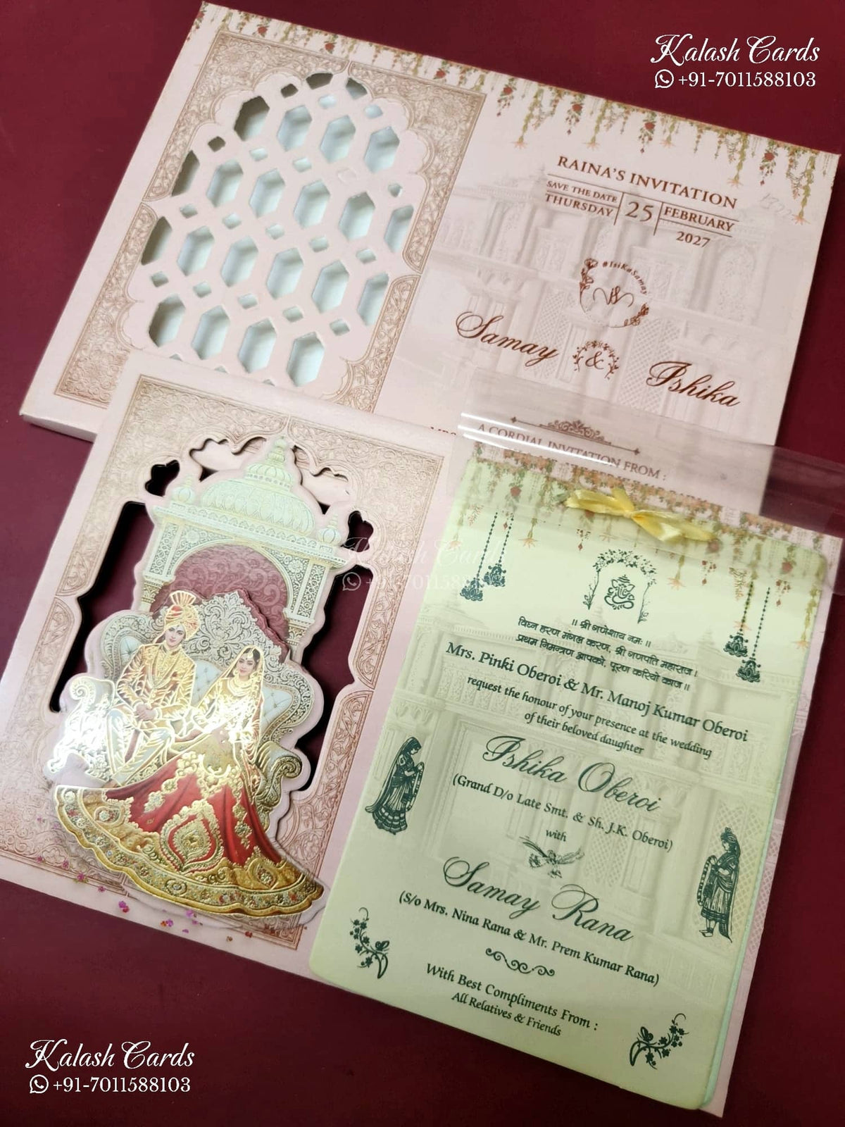 KLB-1372 Pink Bride Groom Laser Cut MDF Thick Wedding Card (2 Page)-Kalash Cards