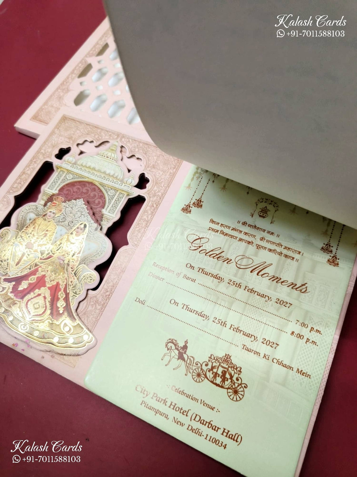 KLB-1372 Pink Bride Groom Laser Cut MDF Thick Wedding Card (2 Page)-Kalash Cards