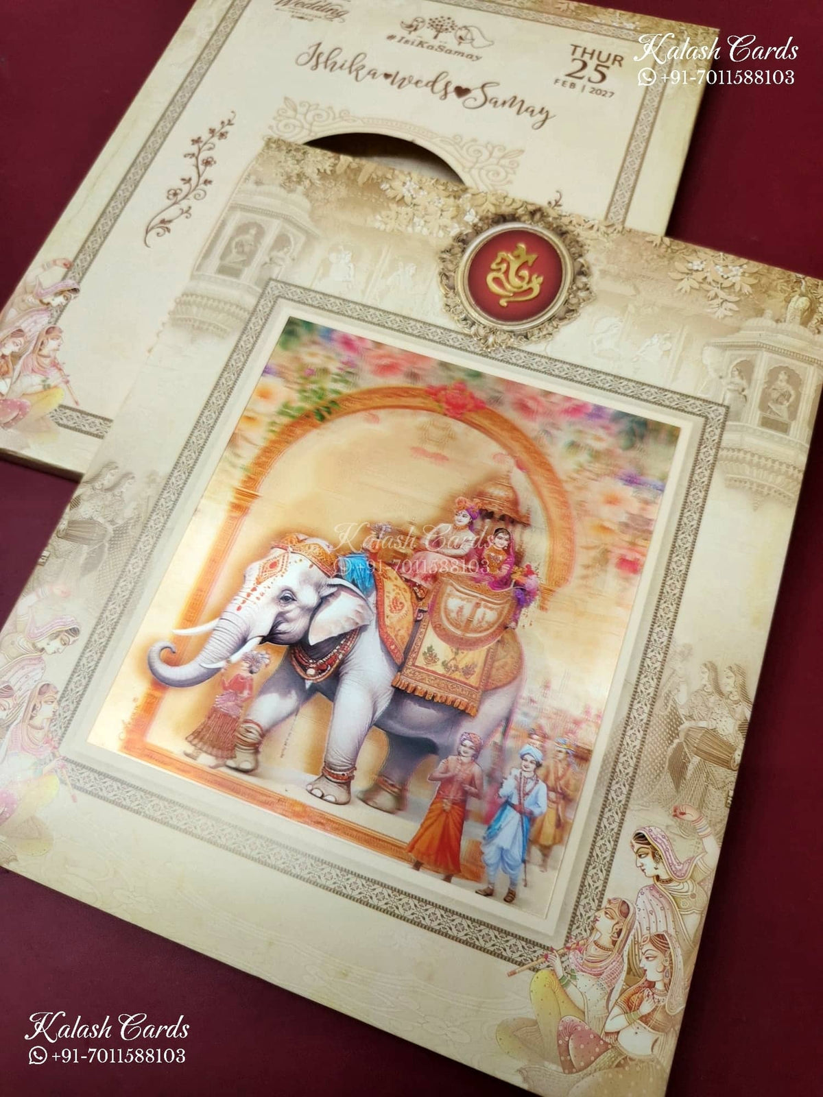 KLB-1373 Creme Elephant Barat Padded Thick Wedding Card (2 Page)
