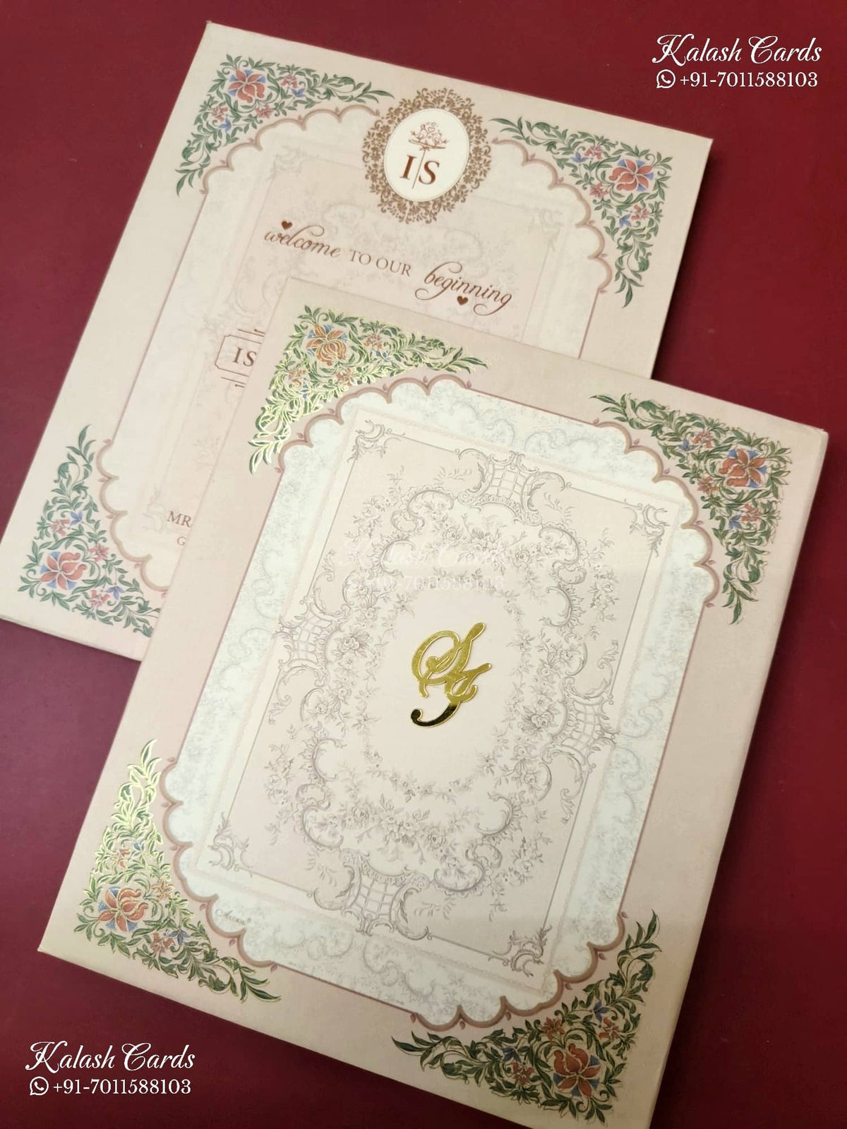 KLB-1374 Creme Floral Padded Thick Wedding Card (2 Page & Couple Initial Acrylic)
