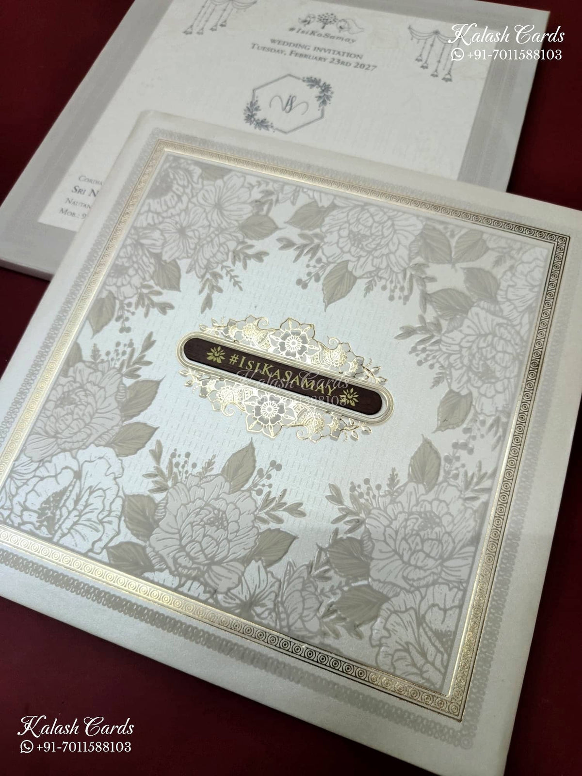KLB-1377 White Grey Floral Padded Thick Wedding Card (2 Page & Couple Name Wooden Plate)